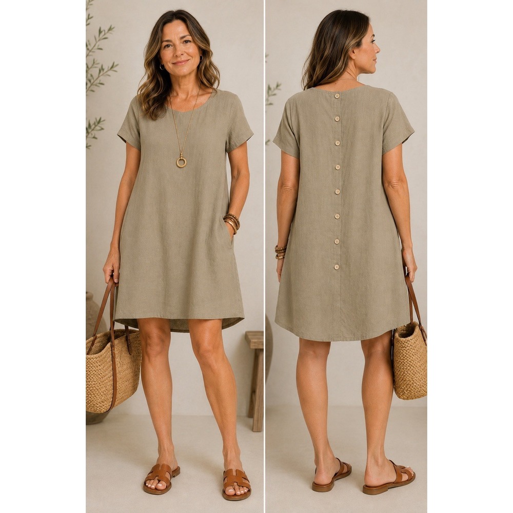 Cotton Bleu Olive Drab Green Cotton  Shift Dress Button Up Back Lined XL Pockets